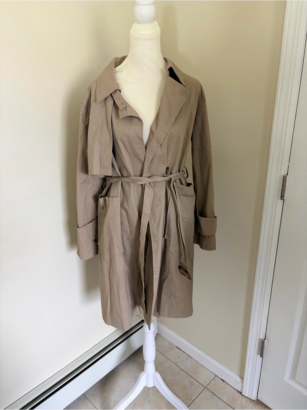 Classic beige double breasted belted trench coat